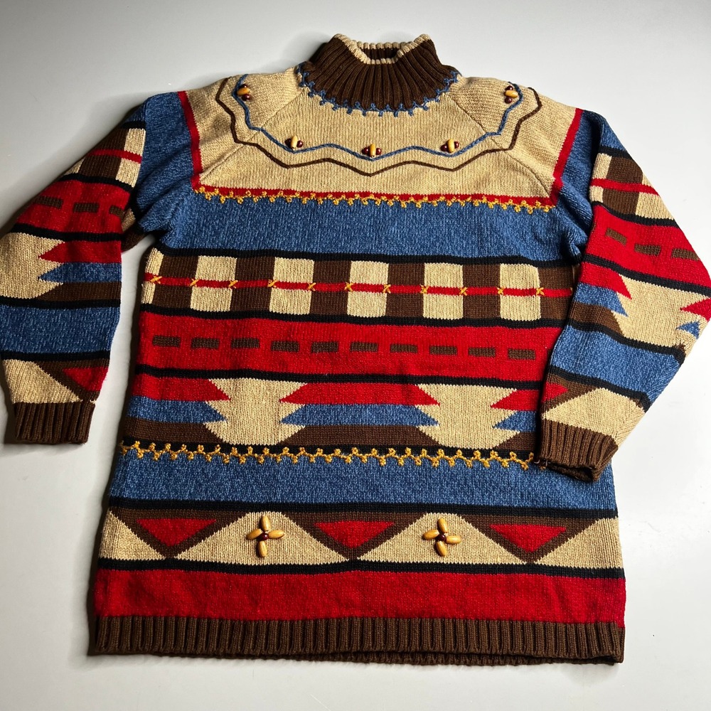 Lizsport Vintage Southwestern Geometric Beaded Ramie Cotton Sweater Small
